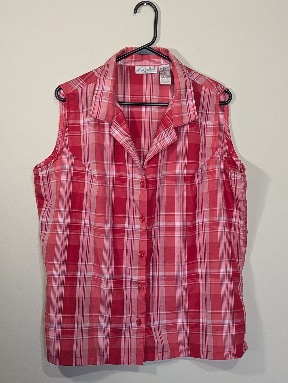 Nick & Sarah Plus Size 2X Sleeveless Plaid Button Up Shirt Red Pink Lightweight